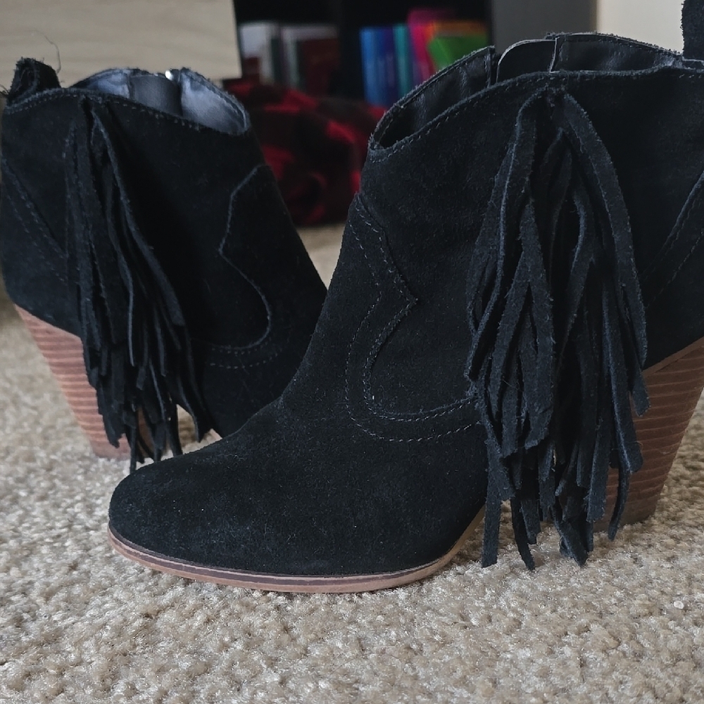Black Suede Fringe Ankle Boots